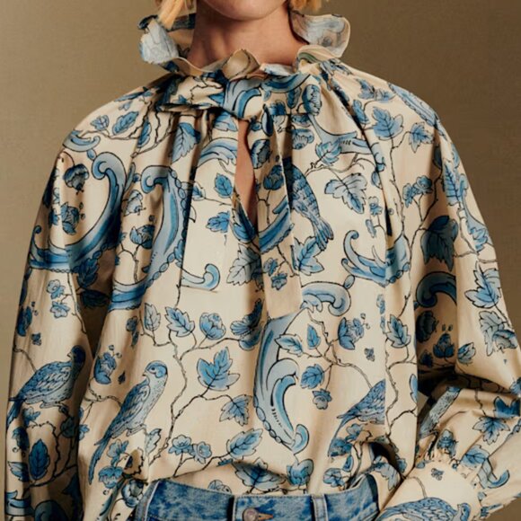 Sézane x Antoinette Poisson NWT Hillis Blouse in Blue Birds Print Size 38/US 6 - Picture 1 of 4